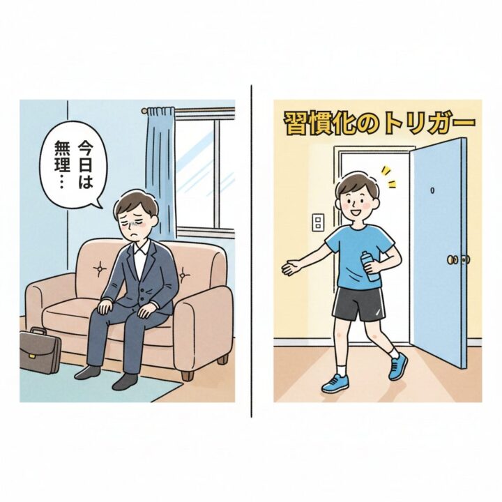 行動のハードル比較図。疲れてソファに倒れるビジネスパーソンと、すぐにランニングウェアに着替えるルーティン化したランナーのイラスト。