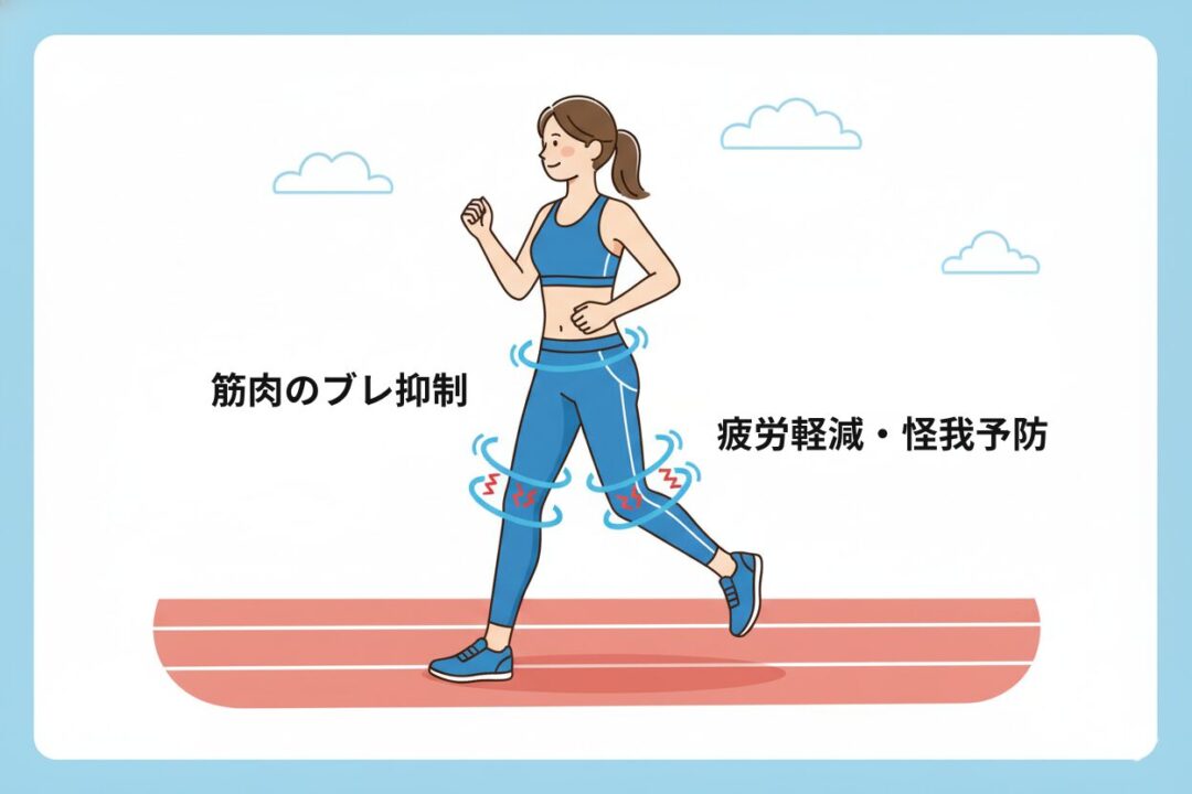 イラスト - 筋肉のブレをタイツが抑制するイメージ図