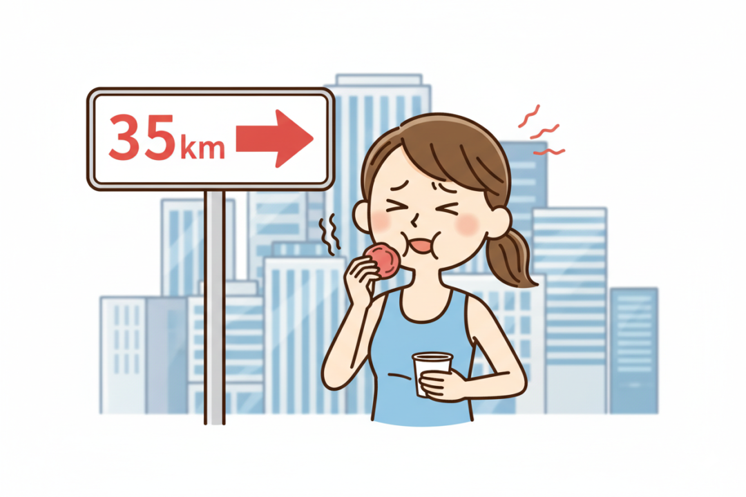 疲れた表情でエイドの梅干しを口にし、元気を取り戻すランナー