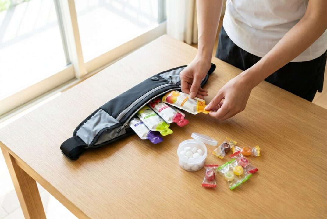 ランニングポーチに入った使い慣れた補給ジェルと塩飴の実写画像