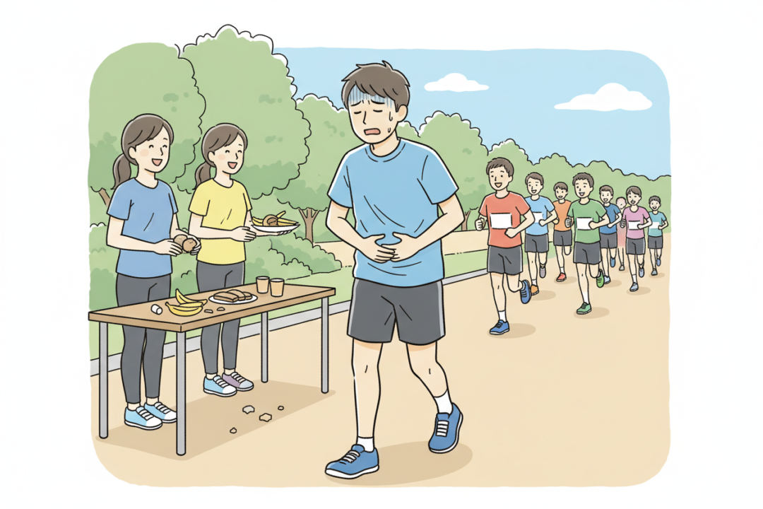 エイドで食べ過ぎてお腹を押さえながらトボトボ歩く困り顔のランナー