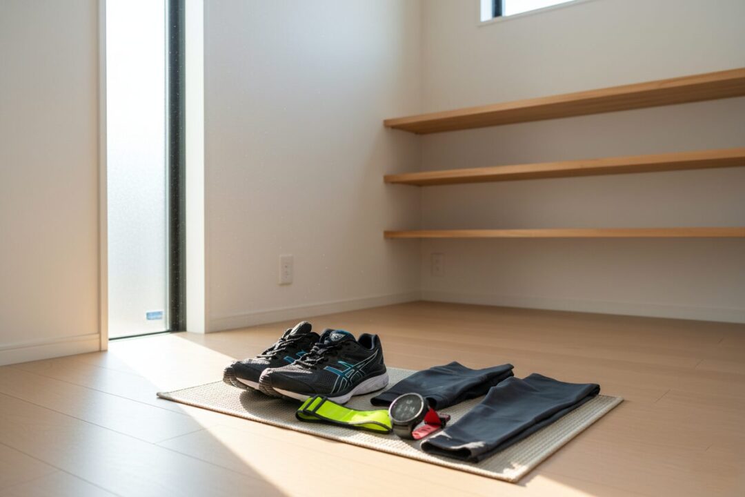 準備時間を短縮するために玄関に用意されたランニング装備一式の写真