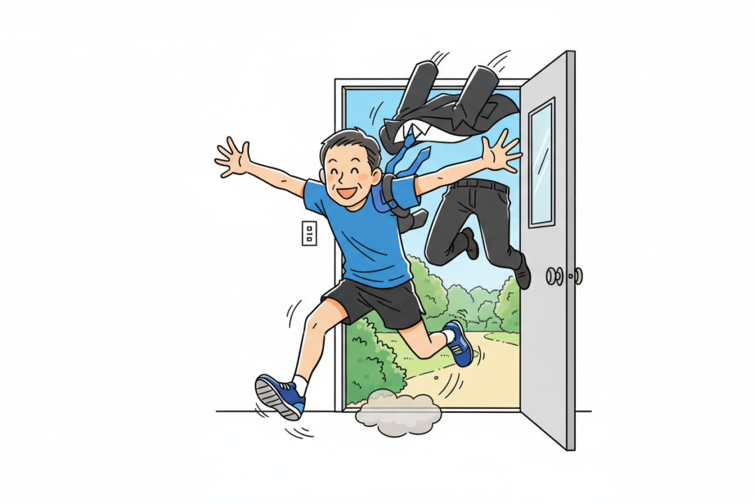 忙しい日常の中でスーツから着替えて走り出す40代ランナーのイラスト