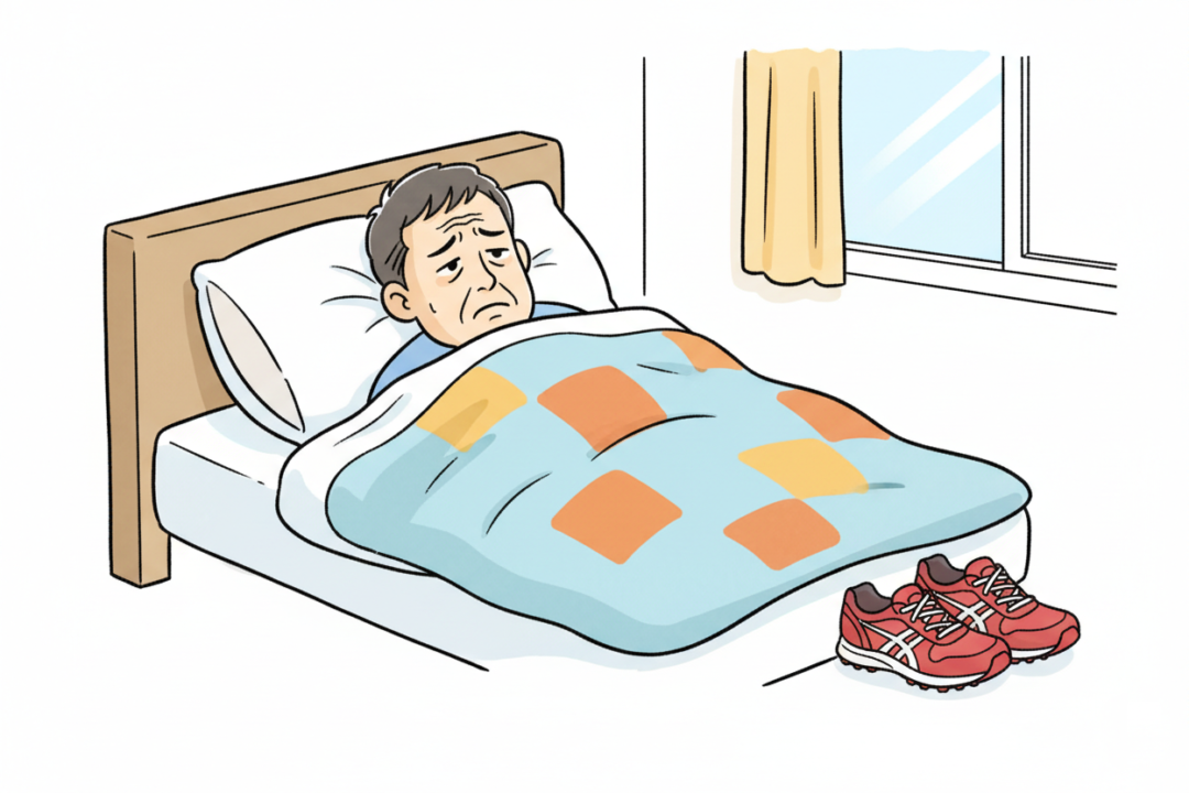 走りたくなくて布団で丸まっている40代ランナーの共感を呼ぶイラスト