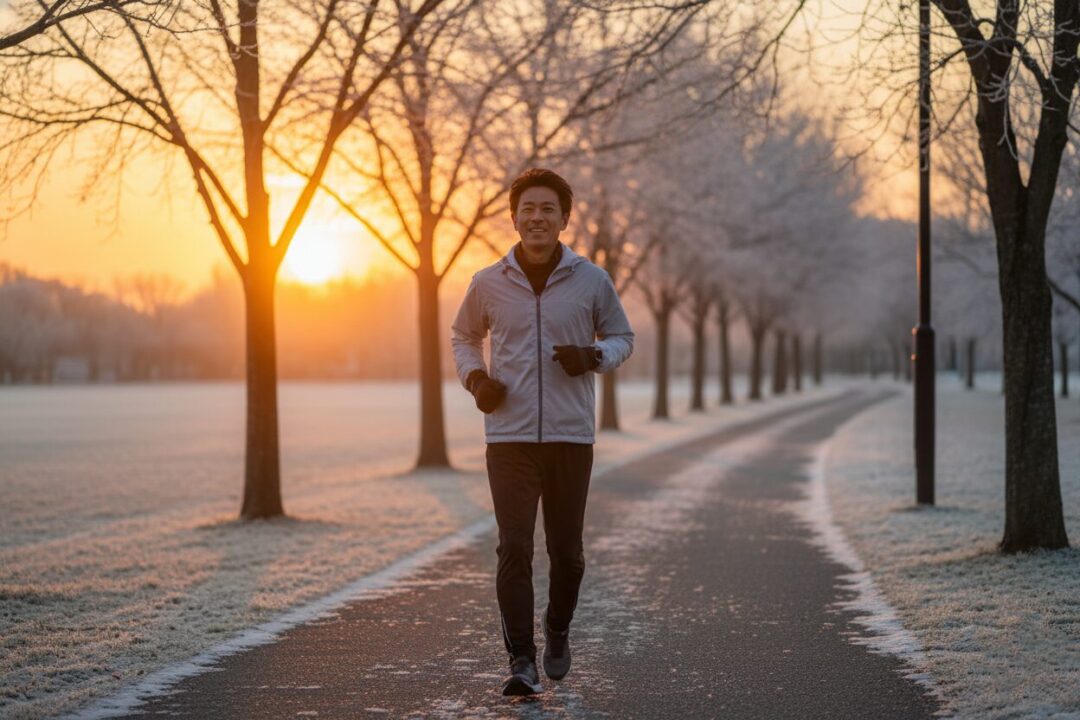 冬の早朝、美しい朝焼けの中を白い息を吐きながら軽快に走る初心者ランナーの男性。
