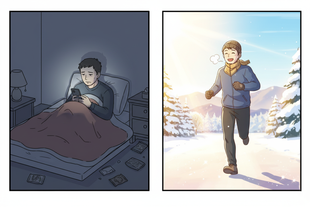 暖かい布団から出られずスマホを眺める姿と、外で朝日を浴びて快走する姿の比較イラスト。