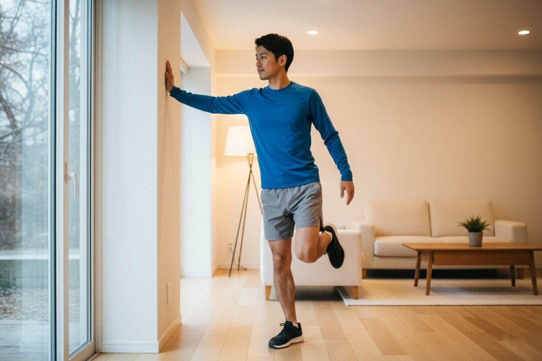 暖かい室内で、ランニング前に股関節を動かす動的ストレッチを行う男性の様子。