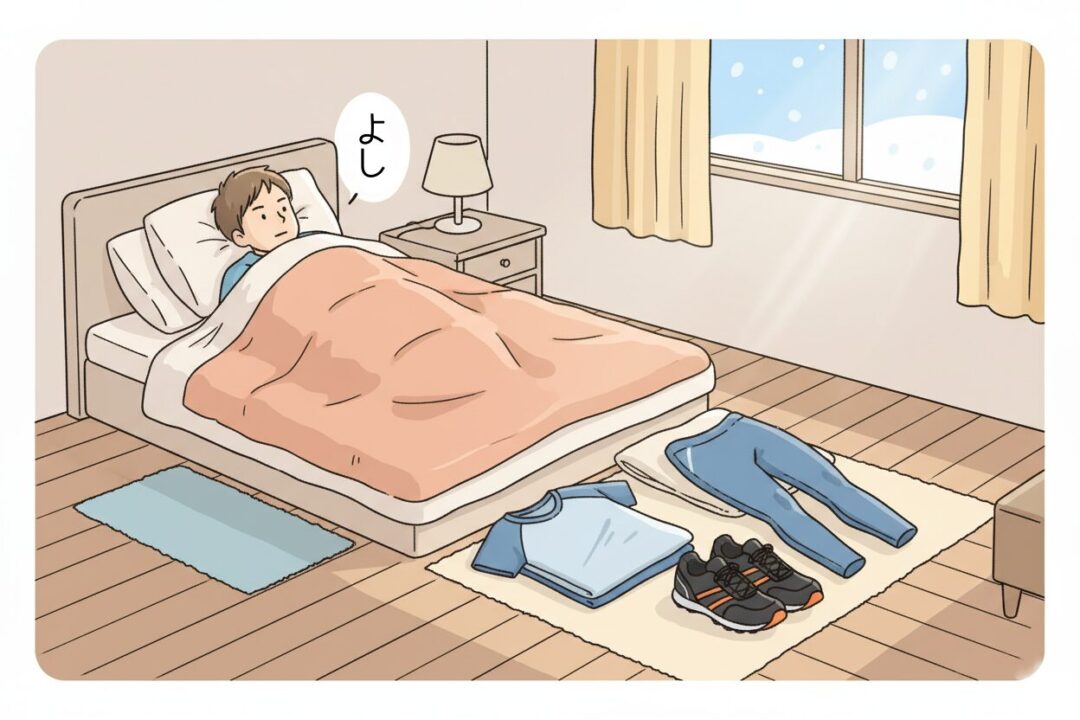 冬の朝、寒くて布団から出られないランナーが枕元のウェアを見てやる気を出すイラスト