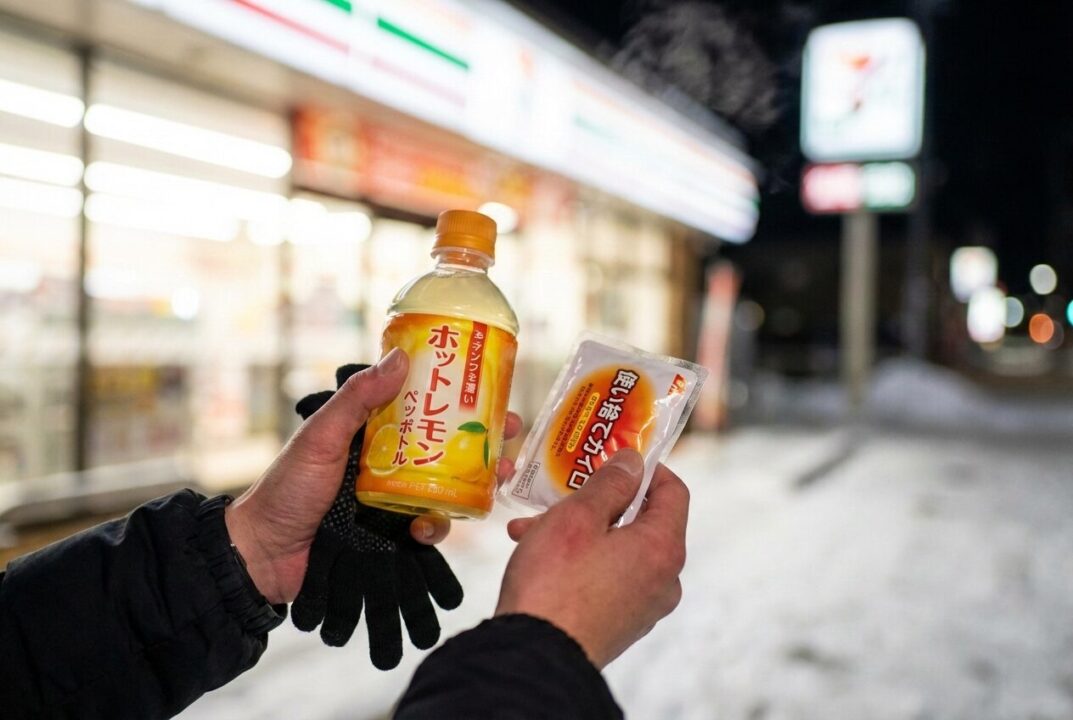 コンビニの温かいホット飲料と使い捨てカイロを手に持ち、ホッとするランナーの手元