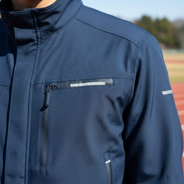 ワークマンのランニングウェアの生地をアップで写した写真。撥水性や耐久性を強調する素材感とロゴ