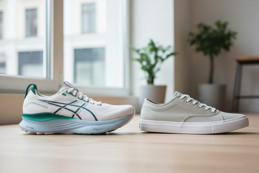 初心者の膝を守る厚いクッションのランニングシューズと薄いスニーカーの比較