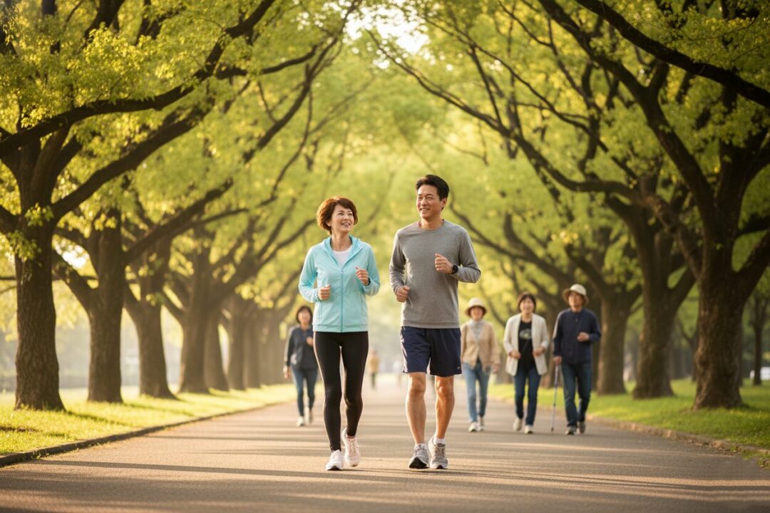 40代初心者が朝日の中でゆっくりと走り出す、希望に満ちたスロージョギングの風景