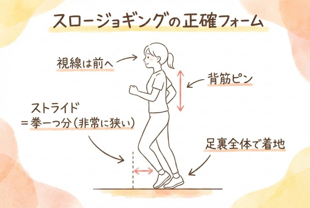 膝を守るためのスロージョギングのフォーム（狭い歩幅と背筋の伸び）の横向き図解