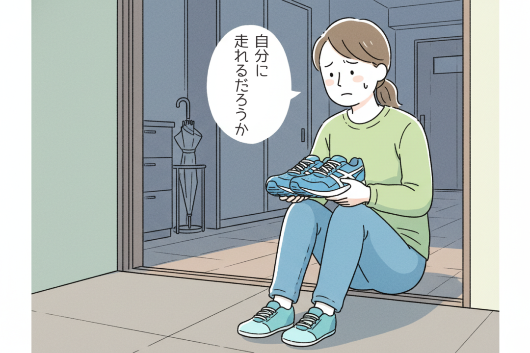 玄関でランニングシューズを前に、走り出せずに悩む40代初心者のイラスト
