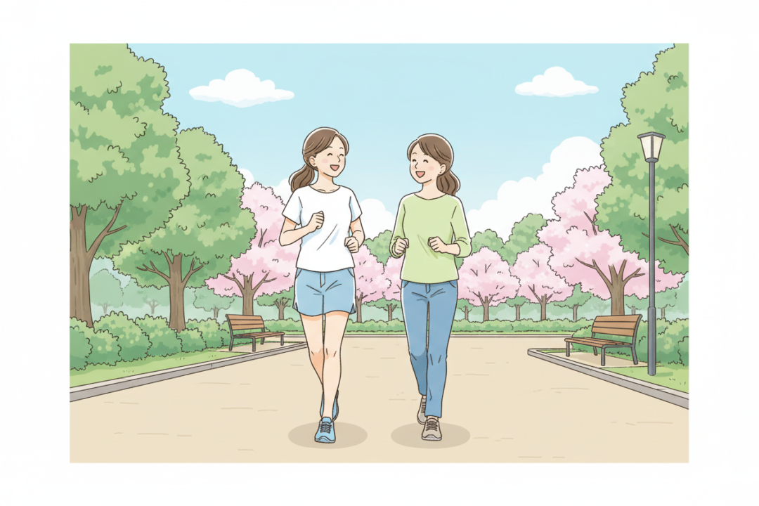 公園でウォーキングの人と笑顔で並走する、初心者に優しいスロージョギングの様子