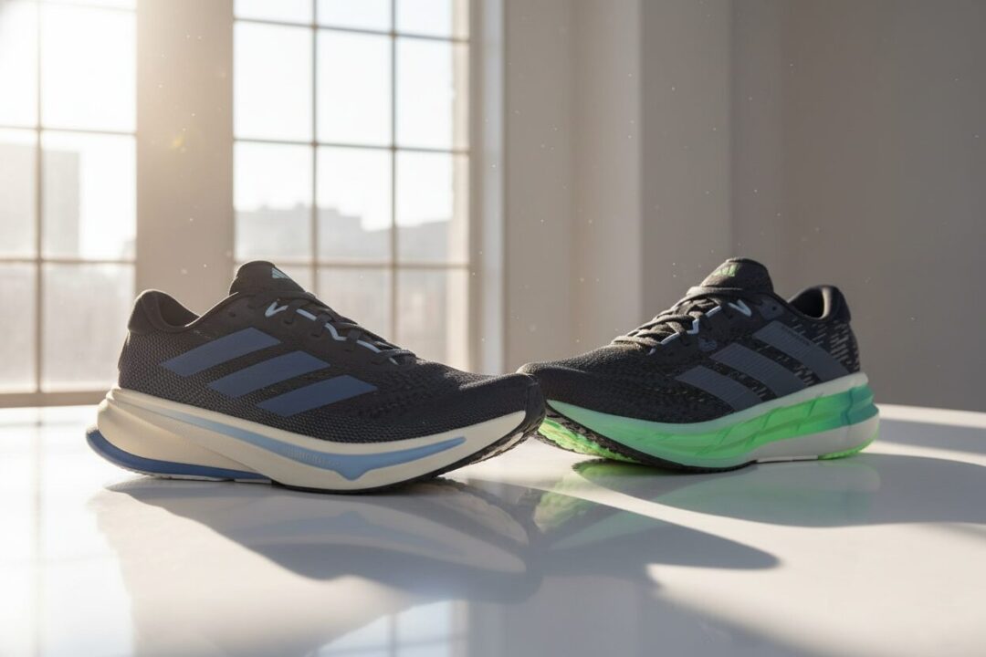 アディダスの最新シューズ、スーパーノヴァとアディスターが朝日を浴びて並んでいる様子。