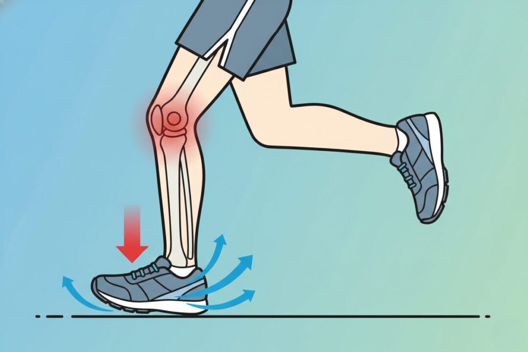 ランニング初心者の膝にかかる着地衝撃と、厚底ソールによる衝撃分散の比較図解。