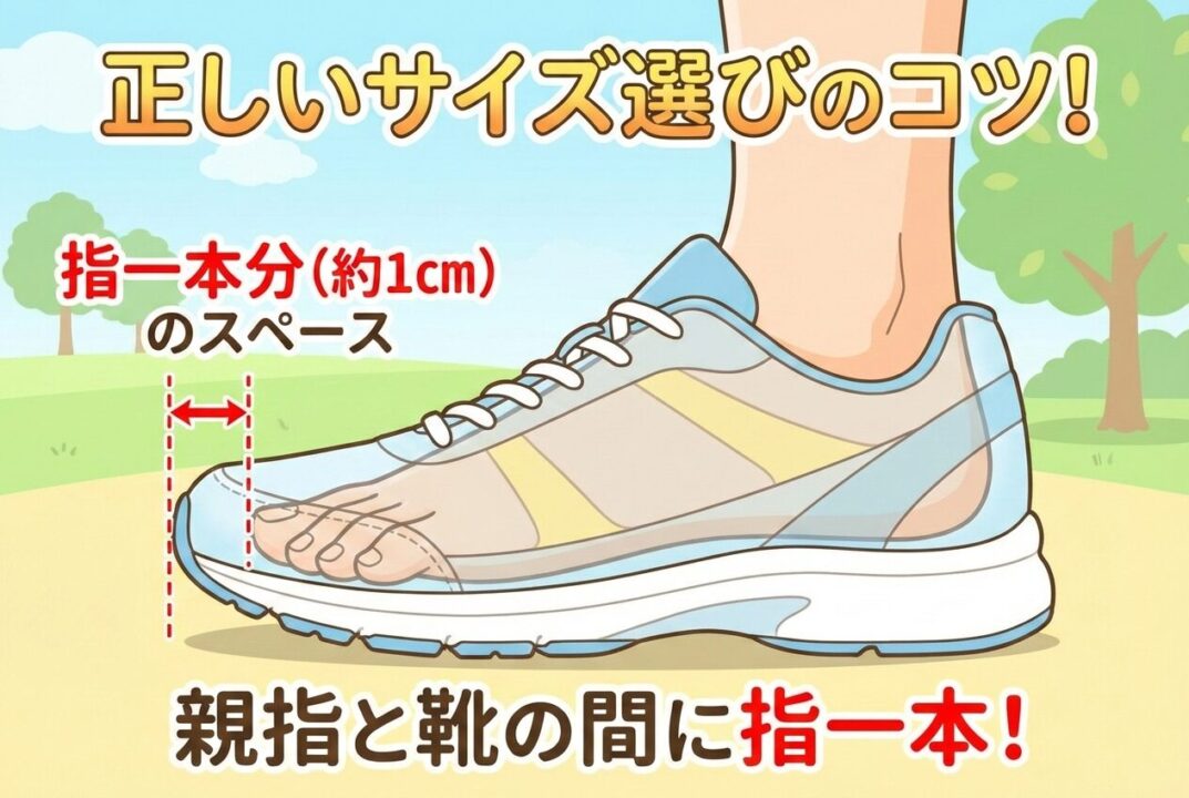 シューズのつま先に1cmの余裕（捨て寸）があることを示す、足と靴の透視図。