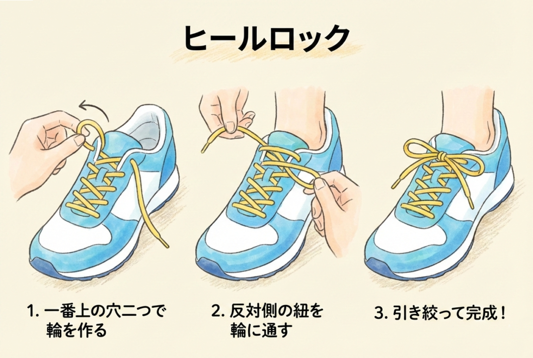 シューズのフィット感を高める「ヒールロック」の結び方の手順図