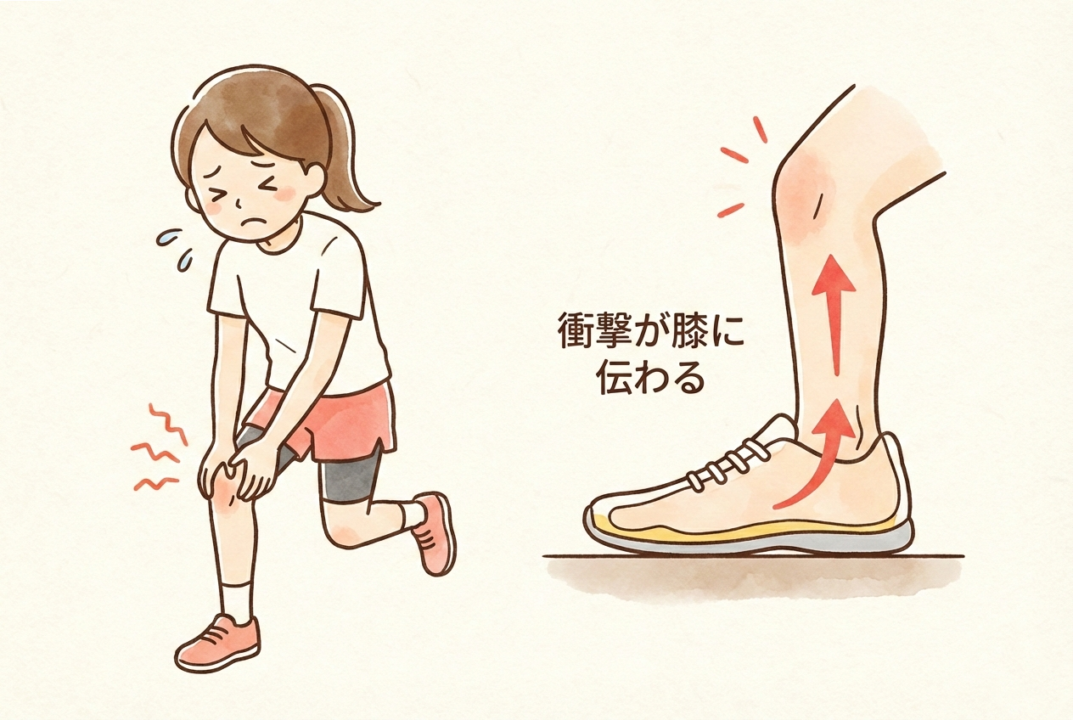 膝を抱えて痛がる初心者のランナーと、その原因としての薄い靴底の図解