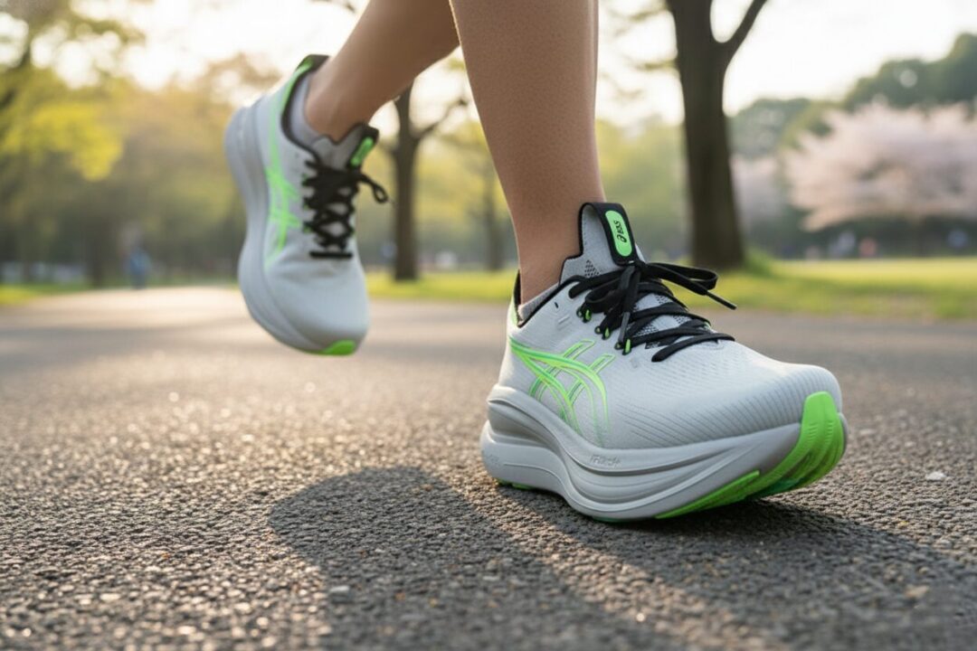 最新ランニングシューズ アシックス GEL-NIMBUS 28を履いたランナーの足元と朝の公園
