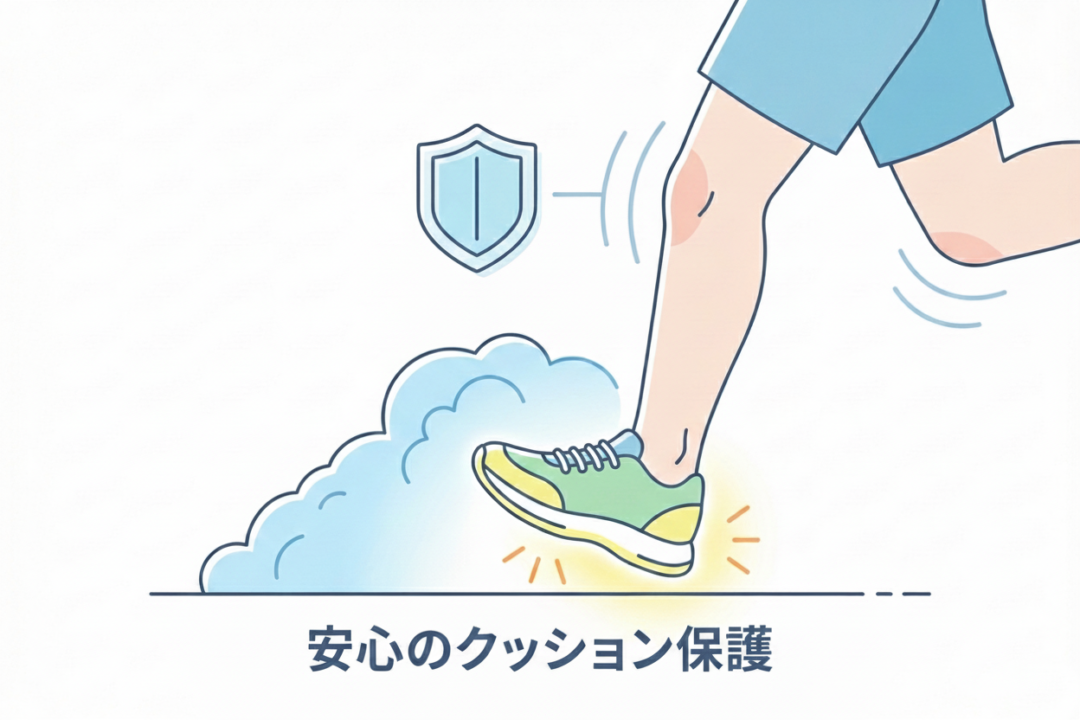 初心者ランナーの膝をシューズのクッションが衝撃から守るイメージ図