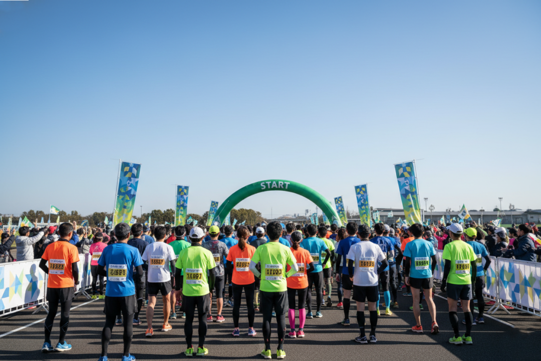 青空の下、初めてのマラソン大会でスタートを待つ、期待と不安が入り混じった初心者ランナーたちの後ろ姿