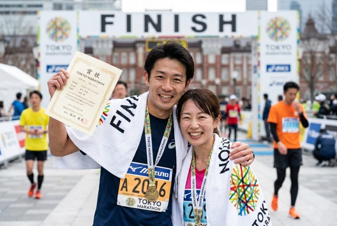 5kmマラソン完走後、爽やかな笑顔で完走証を手に持ち、タオルを肩にかけている市民ランナーの姿