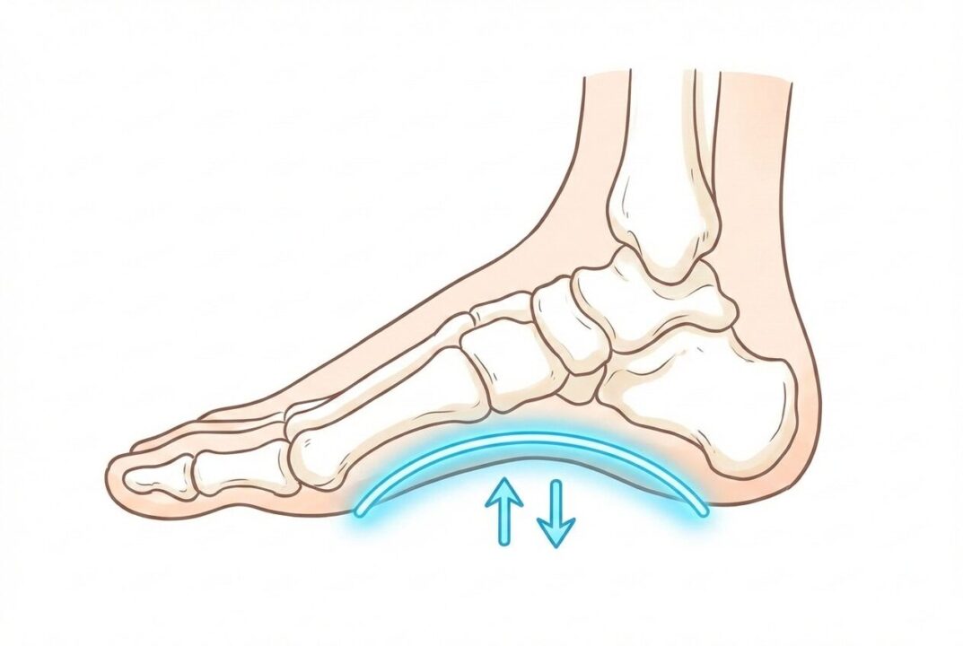 足裏の縦アーチの構造とクッション機能を示す解剖図。