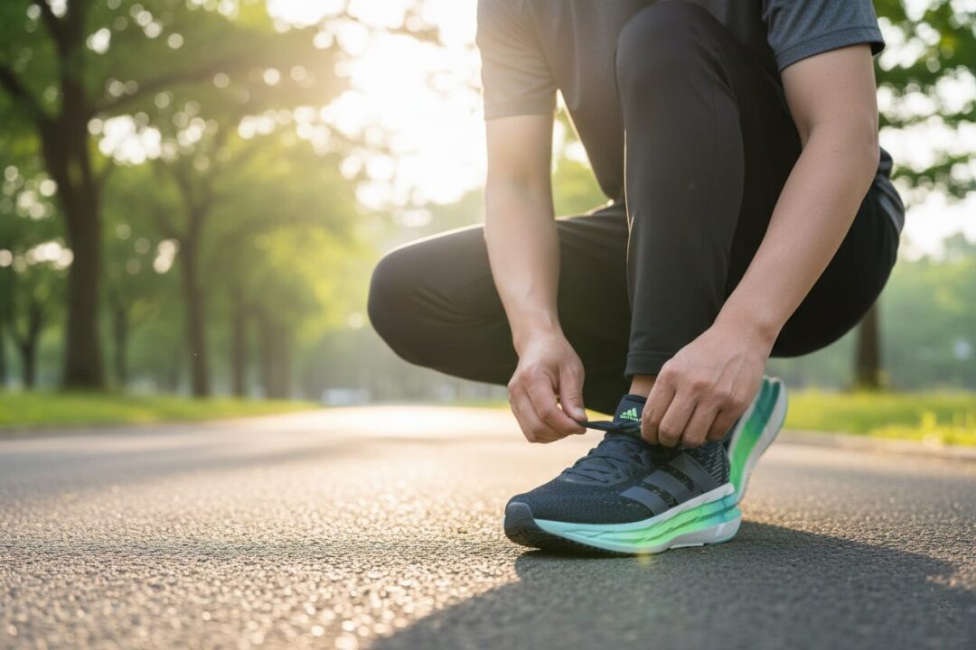 朝日の中でランニングシューズの紐を丁寧に結ぶ40代男性の足元。