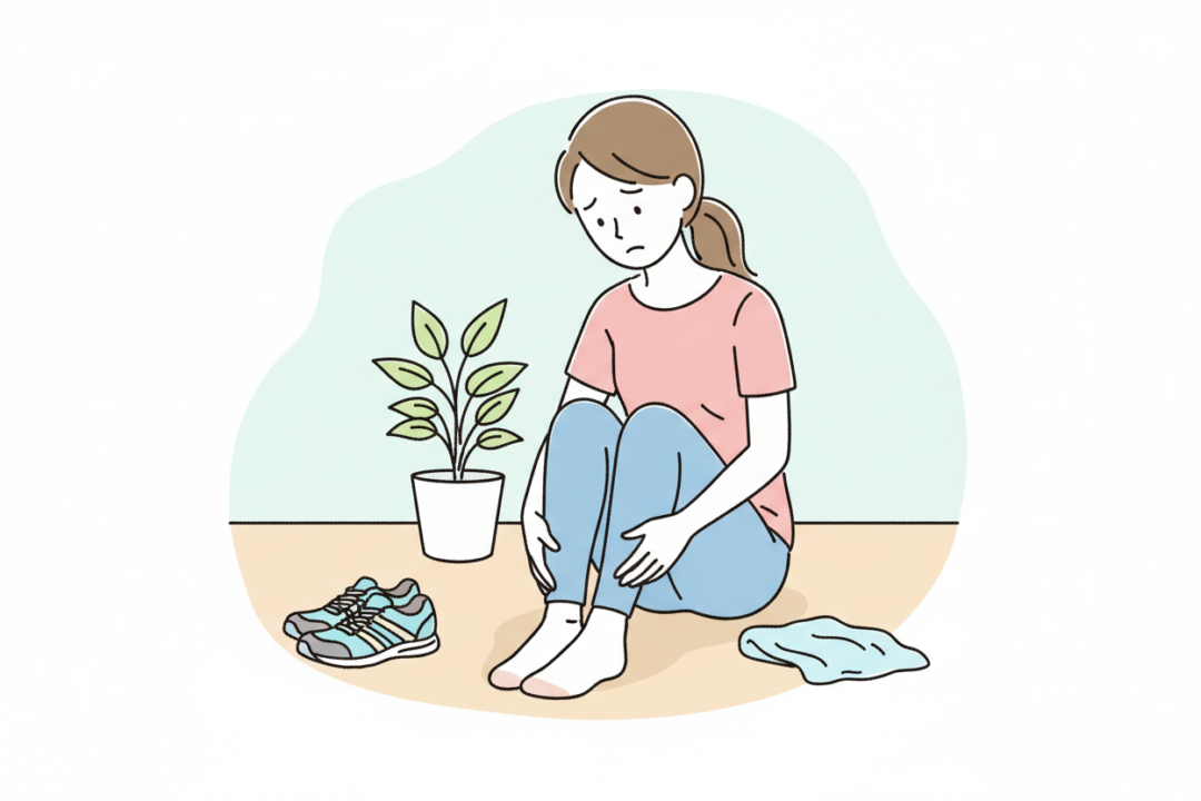 自分の足の裏を不安そうに見つめ、ランニングを躊躇する初心者のイラスト。