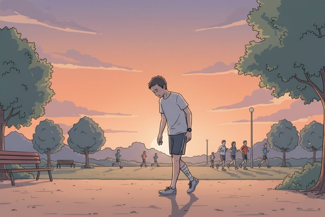 無理をして走り、足を引きずりながら切ない表情で歩くランナー。