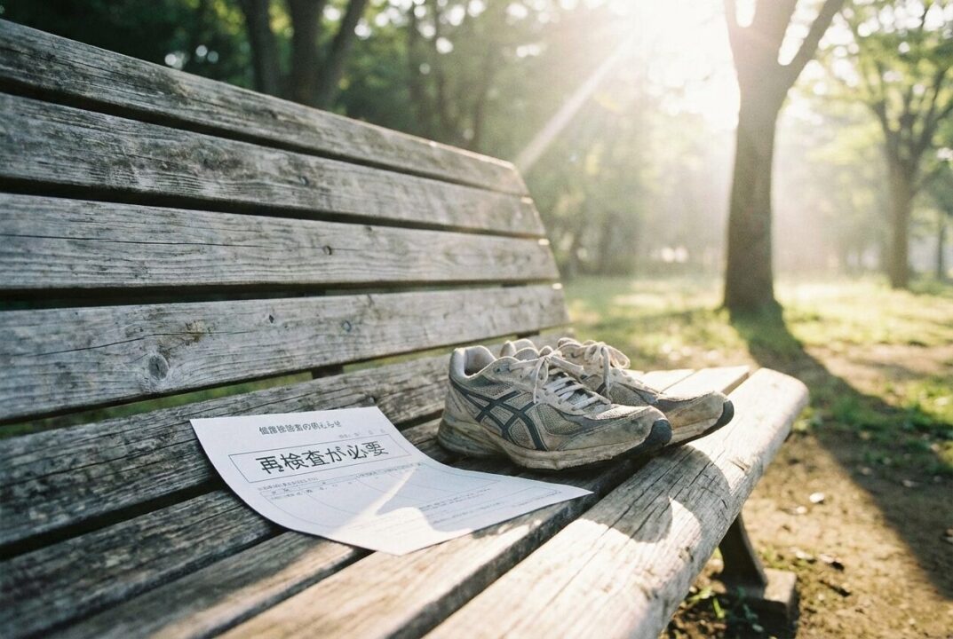 公園のベンチに置かれた「再検査」の健康診断結果とランニングシューズ