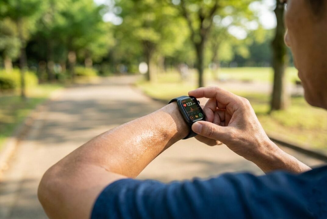 ランニング中の男性の腕に装着されたスマートウォッチの数値表示