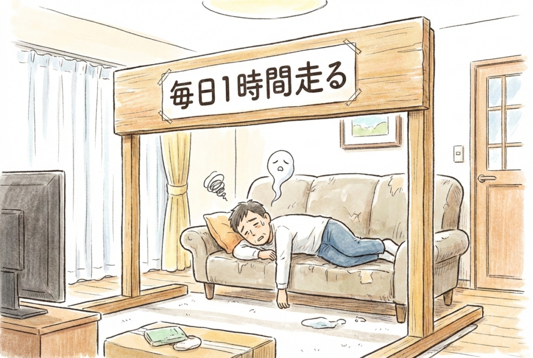 燃え尽きてソファで倒れる中高年男性と高いハードルの図解