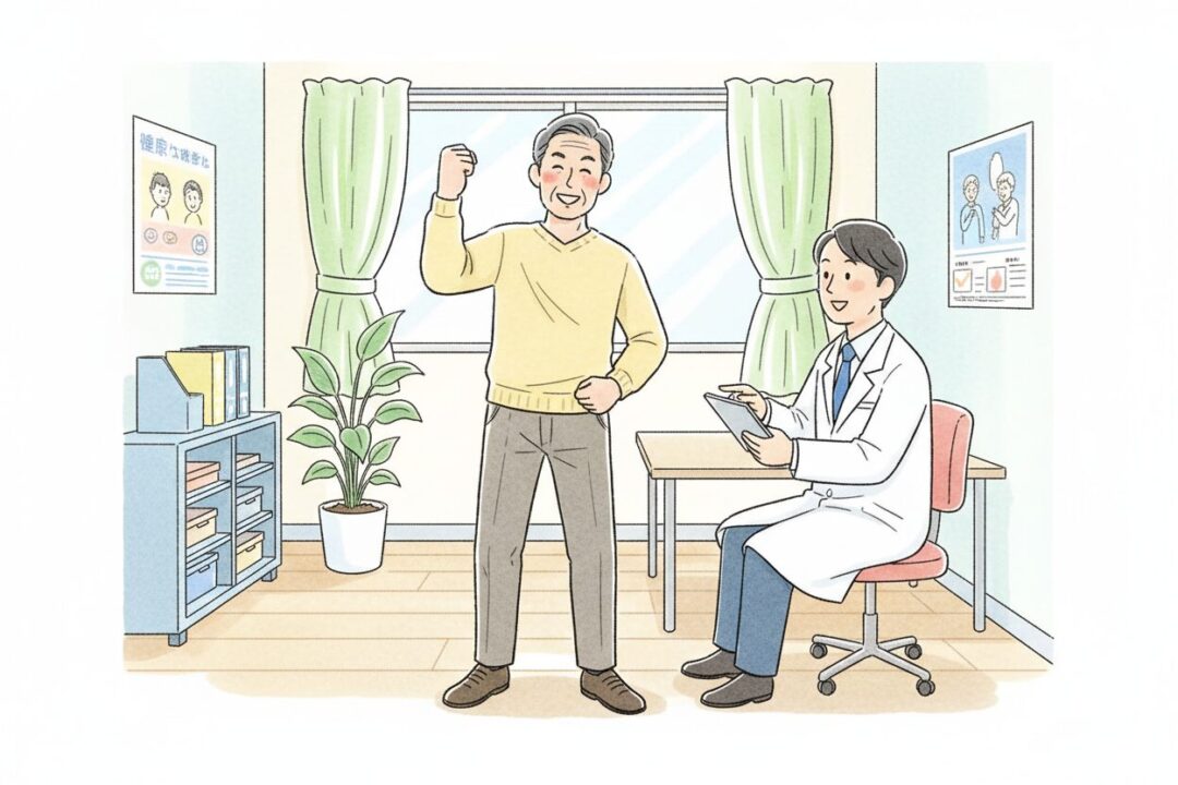 3ヶ月後の診察室で笑顔で医師と話す中高年男性