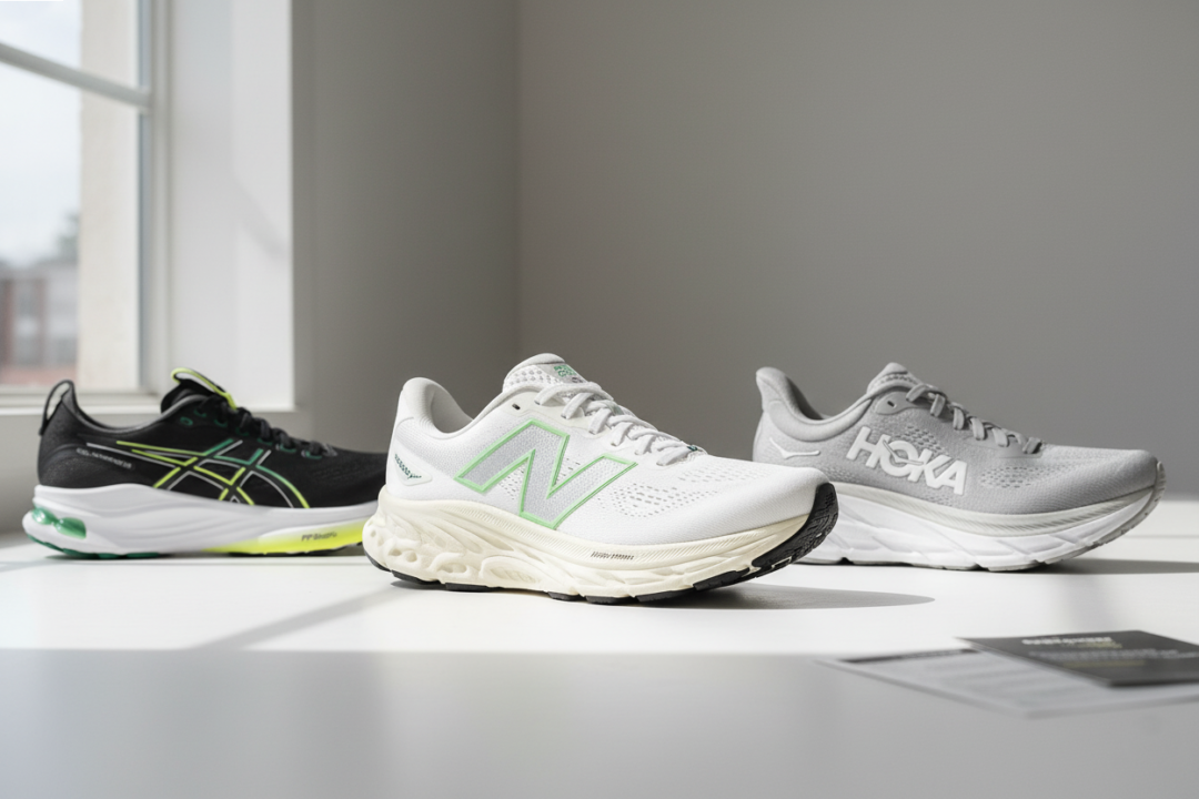 ニューバランス 1080 v14、アシックス、ホカのランニングシューズを並べ、ソールの厚みや形状を比較した写真