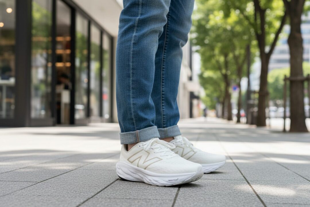 都会的な街並みでカジュアルなジーンズに合わせられた、スタイリッシュなニューバランス 1080 v14の足元写真