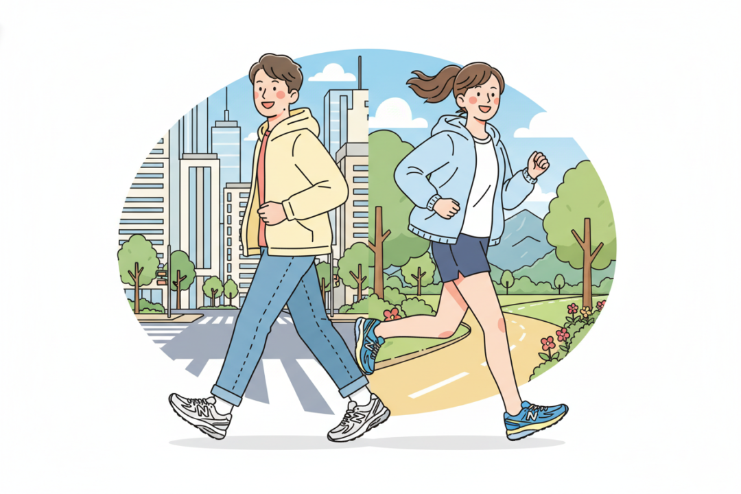 1080 v14を履いて、笑顔で街中と公園を軽快に駆け抜けるランナーのイラスト