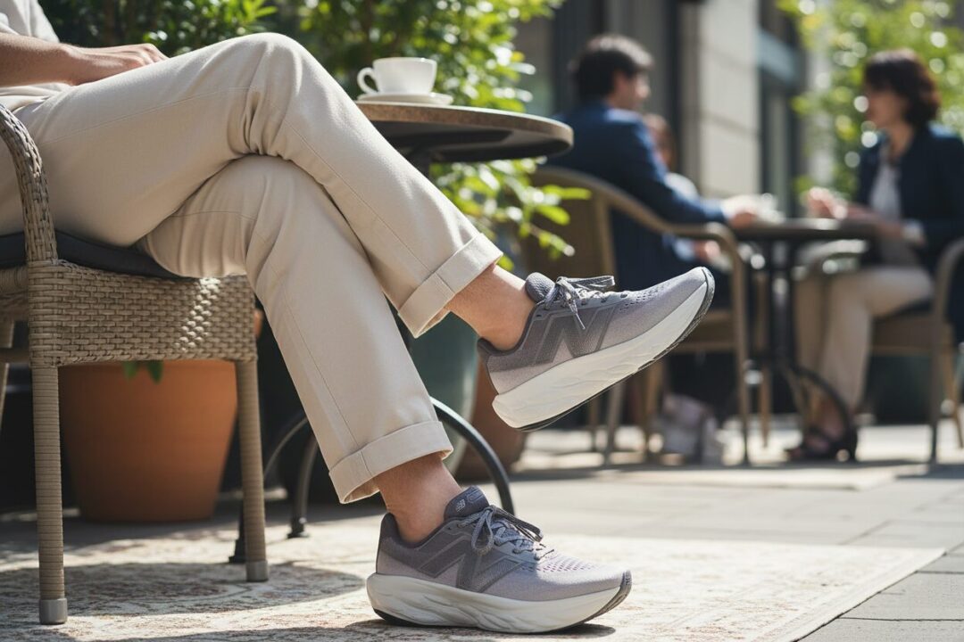 お洒落なカフェの椅子に座る、1080 v14を履いた人のリラックスした足元コーディネート