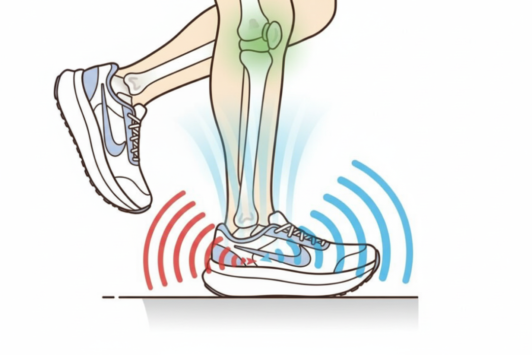 ランニング時の膝への衝撃を厚底ソールのクッションが吸収し、関節を守る仕組みの図解イラスト