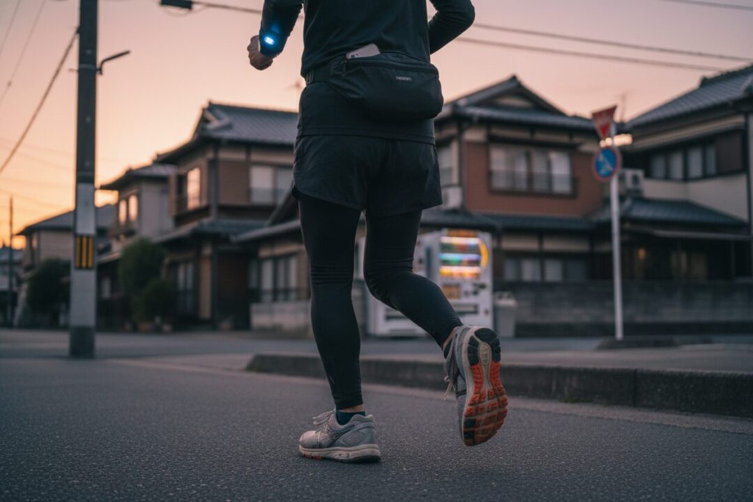 100均のウエストポーチとLEDライトを装着して走るランナーの腰元のアップ