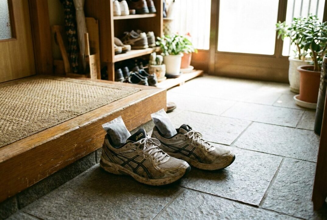 あさひの家の玄関に並ぶ、消臭剤が入ったランニングシューズ