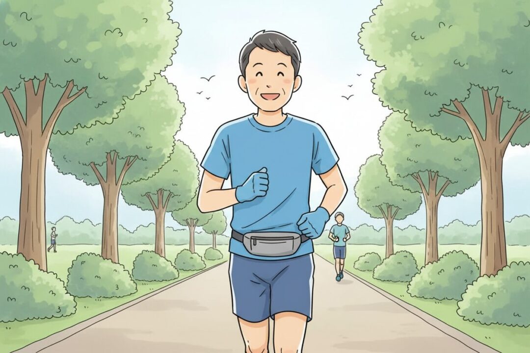 100均グッズをフル装備して「これで十分！」と笑顔で走る初心者の図解