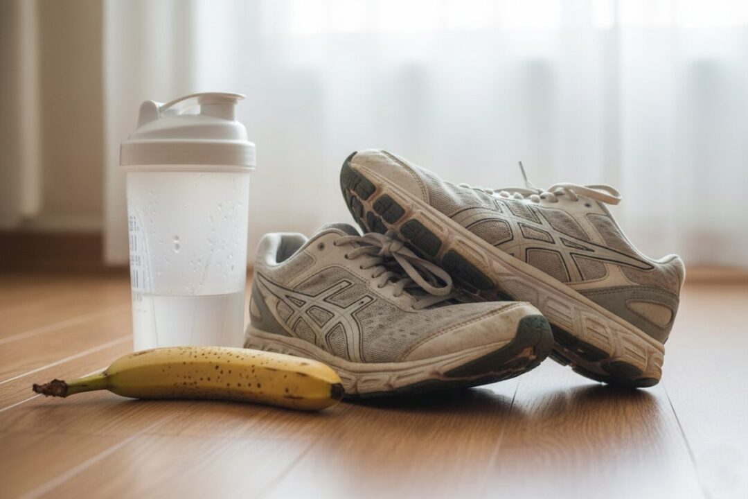 使い込まれたランニングシューズとバナナ、プロテインシェイカー