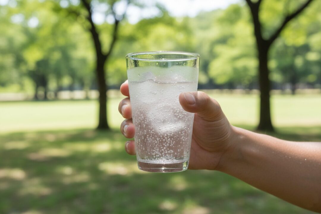 結露したグラスに入った冷たい炭酸水とランナーの手