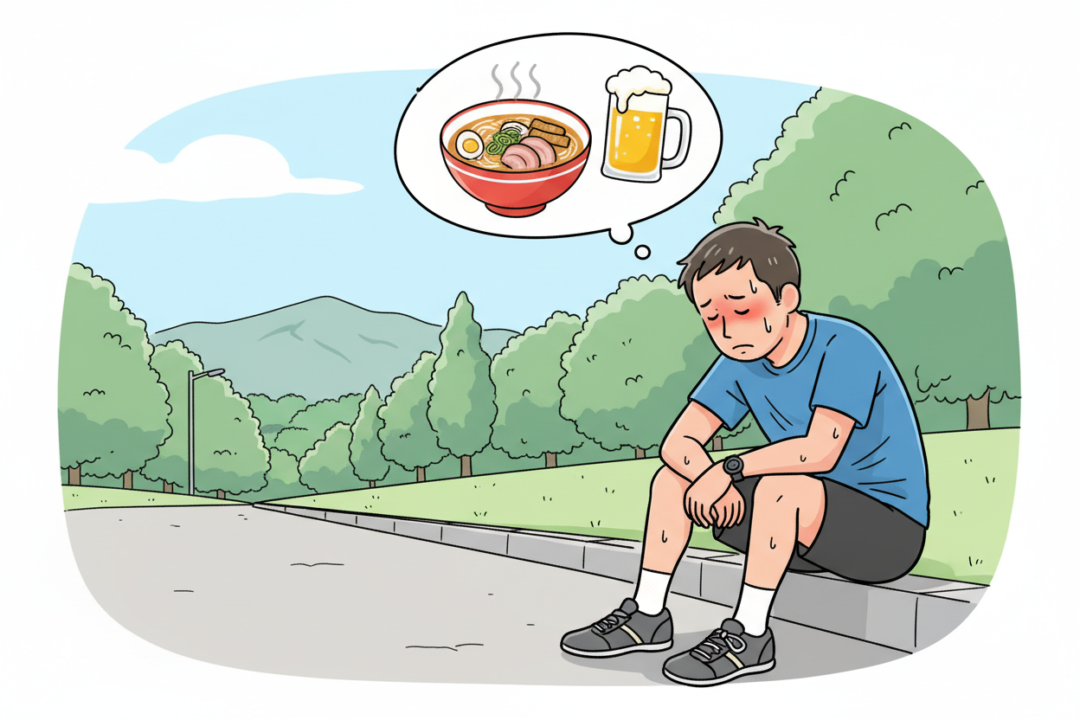 誘惑に負けそうな疲れ切ったランナー