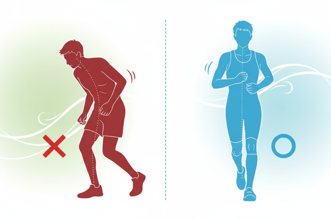 疲れで崩れたフォームとインソールで維持されたフォームの対比