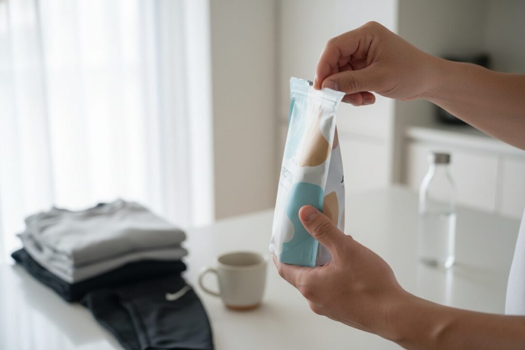 あさひが愛用しているザバスのプロテイン袋を持つ手元
