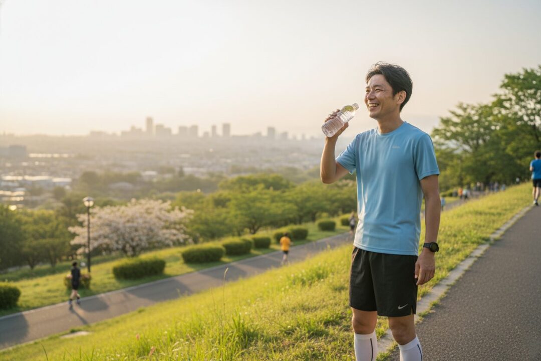 公園で足を止めて爽やかに休憩する初心者ランナーの様子